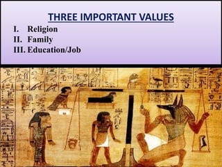 THREE IMPORTANT VALUES
I. Religion
II. Family
III. Education/Job

 