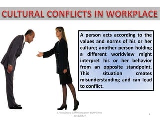 A person acts according to the
values and norms of his or her
culture; another person holding
a different worldview might
interpret his or her behavior
from an opposite standpoint.
This
situation
creates
misunderstanding and can lead
to conflict.

Crosscultural Communication-EGYPT/Nov
2013/AIMT

4

 