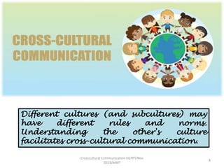 Different cultures (and subcultures) may
have
different
rules
and
norms.
Understanding
the
other's
culture
facilitates cross-cultural communication.
Crosscultural Communication-EGYPT/Nov
2013/AIMT

8

 