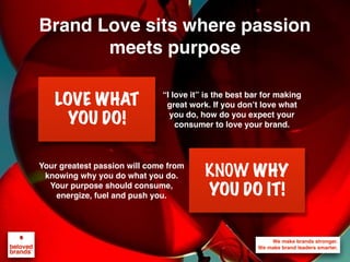 The tighter the bond the brand creates with their consumers,
the more powerful that brand will be with all stakeholders
Consumers switch
stores before they
switch brands
Willing to cut costs
to be part of the
beloved brand.
Cannot duplicate
emotional connection
of the beloved brand
Struggle to break bond
and momentum the
beloved brand has
Proud, fully engaged,
motivated, outspoken
fans. Strong culture.
Outspoken brand fans
carry inﬂuence over the
purchase
All media (paid, earned,
search, social, home)
favor the beloved brands
Channels Competitors
New EntriesSuppliers
Media
Inﬂuencers
Employees
Outspoken fans
who think less and
feel more
Consumers
Brand
Power
 