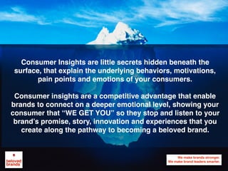 We make brands stronger.
We make brand leaders smarter.
Passion matters.
Use passion in your
execution to become a
favorite brand of your
consumers. “I love it” is the
highest bar for great work.
Dare to be
different.
Brands need to
stand out as being
better, different or
cheaper. Or else,
they will not around
for very long.
Everything is about
the consumer.
Build everything that you do
around your brand’s Big Idea.
Big idea is what consumers connect with
first, then helping build a bond as each
touchpoint delivers that big idea
Break through focus.
Put your limited resources to
key breakthrough points that
help tighten the bond with
consumers, giving your brand
more power and profits.
1 2
3
Promise Experience
Purchase Moment
Innovation
Story
Consumer BrandBig
Idea
45
Process
Graphic
What
consumers
want
What your
competitor
does best
What
your brand
does best
Winning
Zone
Risky
Zone
Dumb
Zone
Dumb
Zone
You need to know them as
well as you know your
brand. Know the consumer
insights, enemies and
needs. Talk with consumers
about what they get and
how it makes them feel.
5 Vital elements needed to build a beloved brand
 