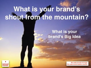 We make brands stronger.
We make brand leaders smarter.
Set your brand up as the best solution, while moving
your competitor outside of what consumers want
Turn your competitor’s strength
into a weakness, pushing them
outside of what consumers want,
while creating a new consumer
problem for which your brand
becomes the solution
What
consumers
want
What your
competitor
does best
What
your brand
does best
Amplify what your
brand does best to
drive involvement
and importance
Reposition the Power
Player competitor
turning their strength
into a weakness,
outside what
consumers want
Challenger
Brands
 