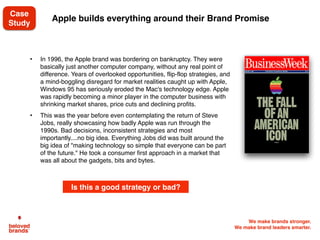 We make brands stronger.
We make brand leaders smarter.
• Create a simple brand promise that separates your brand from
competitors, based on being better, different or cheaper.
• Use your brand story to motivate consumers to think, feel or act, while
beginning to own a reputation in the mind and hearts of consumers.
• The moment of truth as consumers move through the purchase cycle
and use channels, messaging, processes to make the ﬁnal decision.
• Fundamentally sound product, staying at the forefront of trends and
using technology to deliver on your brand promise.
• Turn the usage of your product into an experience that becomes a
ritual and favorite part of their day.
Align all 5 consumer touch-points
under the brand’s Big Idea
Brand Promise
Brand Story
Happy Experiences
The big idea organizes the brand across all 5 touch points.
Purchase Moment
Innovation Surprise
 