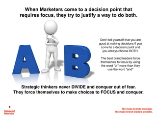 What is the current business
situation your brand faces?
How tightly connected is
your Consumer to your brand?
What is the core strength
your brand can win on?
How important is the decision
and how involved are consumers?
Product Story Experience Price
Power
Player Challenger
Island
Brand
Rebel
Brand
High
Profile Indulgence Commodity Essential
Indifferent Like It Love it Beloved
Keep It
Going Fix It Re-Align Start Up
What is your current
competitive position?
3
1
5
4
2
5 questions to challenge your 360-degree strategic thinking
For each question, force yourself to pick one option only
We make brands stronger.
We make brand leaders smarter.
 
