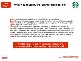 We make brands stronger.
We make brand leaders smarter.
   
• In 2003, Starbucks creates their own recording company,
winning 8 Grammy’s 2 years later. In 06, they launched their
own movie, started partnership with William Morris to scout
for music, books, films. Opens “entertainment” office in LA.
• By 2008, Starbucks cuts 18k jobs, closes 977 stores, sales
down 7%. Stock price falls to $7.83, down from $39.63 in
2008. The brand was in a complete free fall. People
wondered “Is it the next Benetton?”
• How did Starbucks refocus? They rebuilt everything back
around the coffee routine. They closed their stores for an
entire day to re-train every barista. They created snacks and
pastries to gain more share of requirements around coffee,
launched sandwiches to stretch the coffee routine to lunch
and created new versions of coffee to deepen love affair with
the most loyal users.
Is this a good strategy or bad?
Starbucks loses focus only to regain it.
Case
Study
 