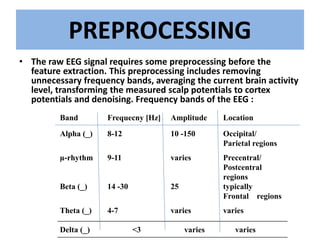 PREPROCESSING 
• The raw EEG signal requires some preprocessing before the 
feature extraction. This preprocessing includes removing 
unnecessary frequency bands, averaging the current brain activity 
level, transforming the measured scalp potentials to cortex 
potentials and denoising. Frequency bands of the EEG : 
Band Frequecny [Hz] Amplitude Location 
Alpha (_) 8-12 10 -150 Occipital/ 
Parietal regions 
μ-rhythm 9-11 varies Precentral/ 
Postcentral 
regions 
Beta (_) 14 -30 25 typically 
Frontal regions 
Theta (_) 4-7 varies varies 
Delta (_) <3 varies varies 
 