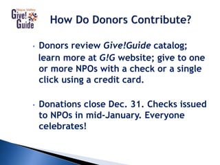 • Donors review Give!Guide catalog;
learn more at G!G website; give to one
or more NPOs with a check or a single
click using a credit card.
• Donations close Dec. 31. Checks issued
to NPOs in mid-January. Everyone
celebrates!
 
