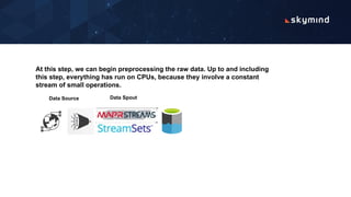Data Source
At this step, we can begin preprocessing the raw data. Up to and including
this step, everything has run on CPUs, because they involve a constant
stream of small operations.
Data Spout
 