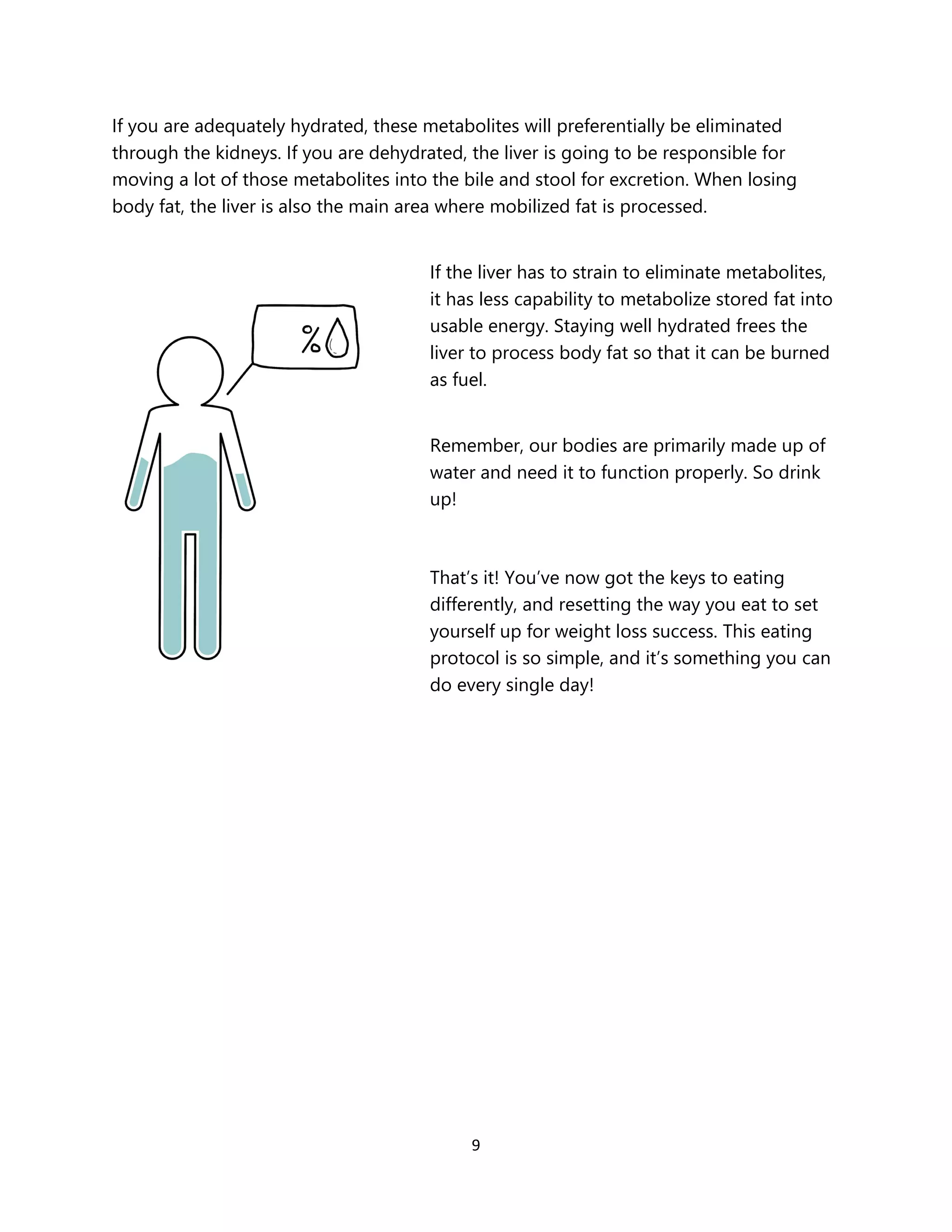 9
If you are adequately hydrated, these metabolites will preferentially be eliminated
through the kidneys. If you are dehydrated, the liver is going to be responsible for
moving a lot of those metabolites into the bile and stool for excretion. When losing
body fat, the liver is also the main area where mobilized fat is processed.
If the liver has to strain to eliminate metabolites,
it has less capability to metabolize stored fat into
usable energy. Staying well hydrated frees the
liver to process body fat so that it can be burned
as fuel.
Remember, our bodies are primarily made up of
water and need it to function properly. So drink
up!
That’s it! You’ve now got the keys to eating
differently, and resetting the way you eat to set
yourself up for weight loss success. This eating
protocol is so simple, and it’s something you can
do every single day!
 