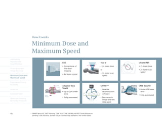 How it works

                       Minimum Dose and
                       Maximum Speed
Intelligently
Reproducible
                                                                  LSO                                                                          True V                         ultraHD·PET
Quantification                                                                                                    Without TrueV



                                                                  •	 Cornerstone	of	                                                           •	 2x	lower	dose               •	 2x	lower	dose
                                                                                                     With TrueV                                                     T1




Finest Volumetric                                                    low-dose
                                                                                                                                               or                        T2
                                                                                                                                                                              •	 2x	faster	scan	
Image Accuracy                                                       imaging
                                                                                                                                                                                 speed
                                                                                                                                               •	 2x	faster	scan	
                                                                  •	 8x	faster	crystal
Minimum Dose and                                                                                                                                  speed
Maximum Speed

Engineered Clinical
Flexibility                                              Dose     Adaptive Dose                                                                SAFIRE**                       CARE Dose4D
                                                         Shield
                                                                  Shield
syngo.via                                                                                                                                      •	 Iterative	                  •	 Up	to	68%	lower	
                                                                  •	 Up	to	25%	lower	                                                             reconstruction                 dose
Customer Care                                                        dose                       Raw data      Image data            Image
                                                                                                                                                  software
                                          Dose
                                                                                                 recon          recon             correction
                                                                                                                                                                              •	 Fully	automated
                                          Shield
                                                                  •	 Fully	automated                                                           •	 Fast	recon	in	
Molecular Imaging
                                                                                                                                                  image and raw
Biomarker Research
                                                                                                                                                  data space




48                    * SMART Neuro AC, FAST Planning, CARE kV, X-CARE, SAFIRE and FAST Cardio Wizard are
                        pending 510k clearance, and are not yet commercially available in the United States.
 