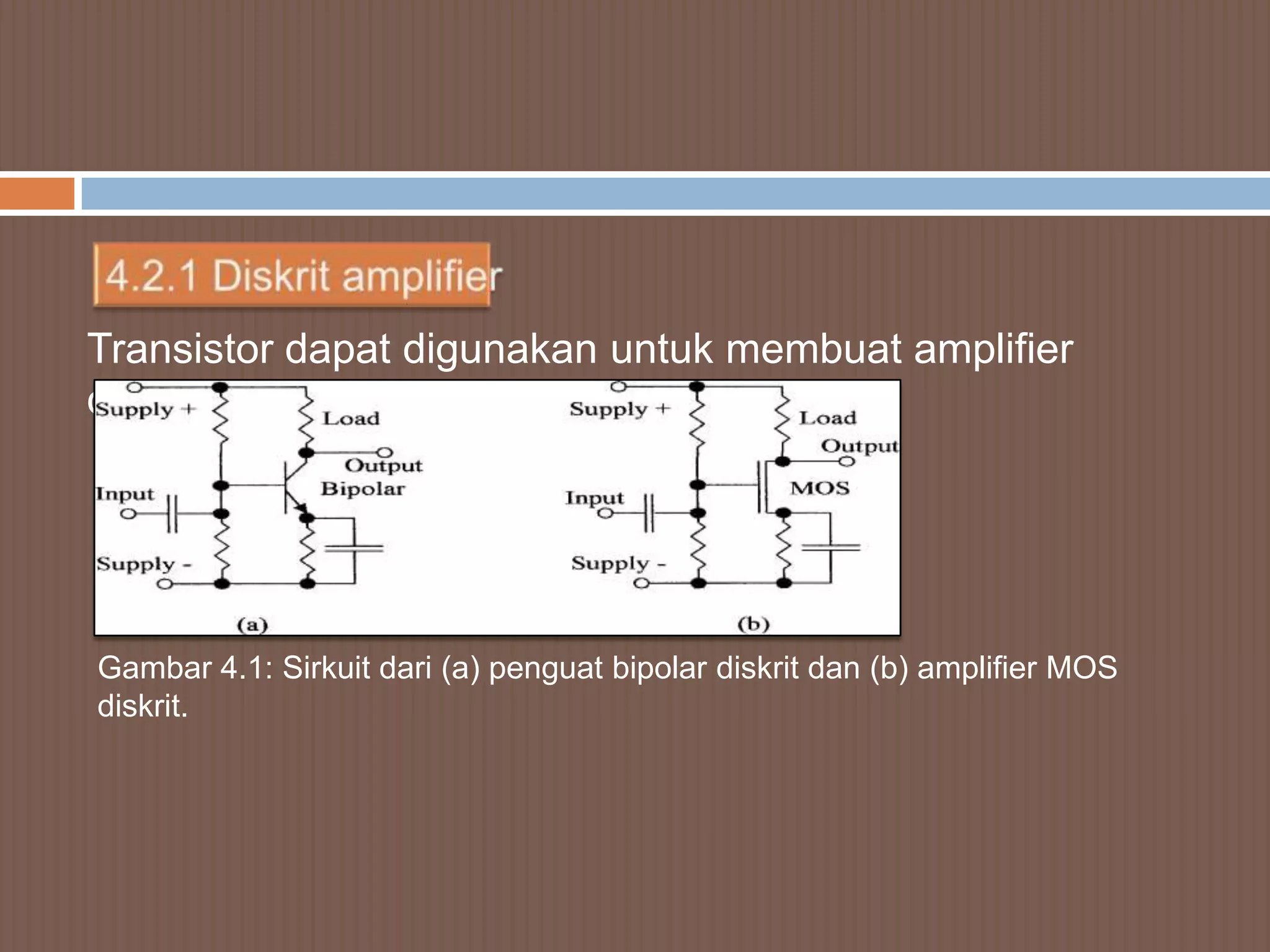 Transistor dapat digunakan untuk membuat amplifier
diskrit




Gambar 4.1: Sirkuit dari (a) penguat bipolar diskrit dan (b) amplifier MOS
diskrit.
 