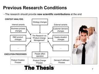 Previous Research Conditions
- The research should provide new scientific contributions at the end
 CONTEXT ANALYSIS:
                           Strategy changes
       Internal variants                      External variants

      Business process                        Customer demand
          changes                                  changes

                           The Research via
        R&D product        “Product change     Supply situation
          changes            Management”          changes



              …                                      …


EXECUTION PROCESSES:         People affect
                              operation

      Product Creation     Product Change     Demand Fulfillment
          Process             Process             Process

RESEARCH OUTCOME:
                                                                        7
                             The Thesis
 