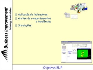 Objetivos BLIP
 Aplicação de indicadores
?
 Análise de comportamentos
e tendências
0
10
20
30
40
50
60
70
80
90
100
1°Trim. 2°Trim. 3°Trim. 4°Trim.
 Simulações
 