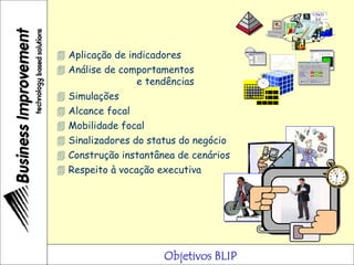 Objetivos BLIP
 Aplicação de indicadores
?
 Análise de comportamentos
e tendências
0
10
20
30
40
50
60
70
80
90
100
1°Trim. 2°Trim. 3°Trim. 4°Trim.
 Simulações
 Alcance focal
 Mobilidade focal
 Sinalizadores do status do negócio
 Construção instantânea de cenários
1 2 3
4 5 6 7 8 9 10
11121314151617
18192021222324
2526 2829303127
 Respeito à vocação executiva
 