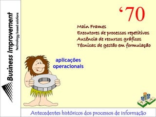 Antecedentes históricos dos processos de informação
aplicações
operacionais
‘70Main Frames
Executores de processos repetitivos
Ausência de recursos gráficos
Técnicas de gestão em formulação
 