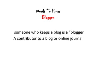 Words To Know
                Blogger

someone who keeps a blog is a “blogger
A contributor to a blog or online journal
 