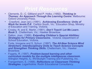 Print Resources
• Clements, D.; C. Gilliland and P. Holko. (1992). Thinking in
Themes: An Approach Through the Learning Centre. Melbourne:
Oxford University Press.
• Crawford, Jean (ed.) (1991). Achieveing Excellence: Units of
Work for levels P-8. Carlton South, Vic.: Education Shop, Ministry
of Education and Training, Victoria.
• Crosby, N. and E. Martin. (1981). Don’t Teach! Let Me Learn.
Book 3. Cheltenham, Vic.: Hawker Brownlow.
• Dalton, Joan. (1986). Extending Children’s Special Abilities:
Strategies for Primary Classrooms. Victoria: Department of
School Education, Victoria.
• Forte, Imogene and S. Schurr. (1997). The All-New Science Mind
Stretchers: Interdisciplinary Units to Teach Science Concepts
and Strengthen Thinking Skills. Cheltenham, Vic.: Hawker
Brownlow.
• Fogarty, R. (1997). Problem-based learning and other
curriculum models for the multiple intelligences classroom.
Arlington Heights, IL: IRI/Skylight Training and Publishing, Inc.
• Frangenheim, E. (1998). Reflections on Classroom Thinking
Strategies. Loganholme: Rodin Educational Consultancy.
 