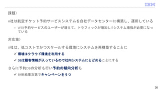 課題）
A社は航空チケット予約サービスシステムを自社データセンターに構築し、運用している
– WEB予約サービスのユーザーが増えて、トラフィックが増加しITシステム増強が必要になっ
ている
対応策）
A社は、低コストでかつスケールする環境にシステムを再構築することに
 環境はクラウド環境を利用する
 DBは顧客情報が入っているので社内システムにとどめることにする
さらに予約DBの分析も行い予約の傾向分析も
 分析結果次第でキャンペーンをうつ
30
 
