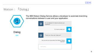 Watson：「Dialog」
6
The IBM Watson Dialog Service allows a developer to automate branching
conversations between a user and your application.
 