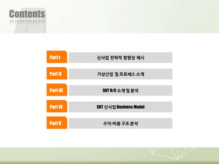 Contents



                        Part I                   싞사업 전략적 방향성 제시


                        Part II                  기상산업 및 프로세스 소개


                        Part III                    SKT R/C 소개 및 분석


                        Part IV                  SKT 싞사업 Business Model


                        Part V                       수익-비용 구조 분석




                                                     ㅜㅜ
N-CEO 낄끼빠빠 Team 4: Telecommunication Industry Analysis
 