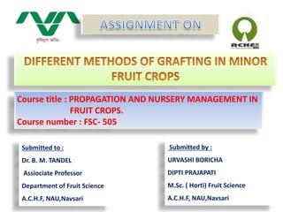 Submitted to :
Dr. B. M. TANDEL
Assiociate Professor
Department of Fruit Science
A.C.H.F, NAU,Navsari
Submitted by :
URVASHI BORICHA
DIPTI PRAJAPATI
M.Sc. ( Horti) Fruit Science
A.C.H.F, NAU,Navsari
Course title : PROPAGATION AND NURSERY MANAGEMENT IN
FRUIT CROPS.
Course number : FSC- 505
 
