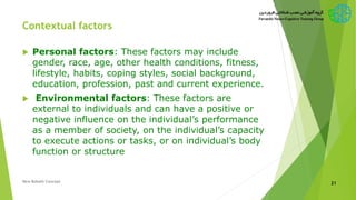 Contextual factors
 Personal factors: These factors may include
gender, race, age, other health conditions, fitness,
lifestyle, habits, coping styles, social background,
education, profession, past and current experience.
 Environmental factors: These factors are
external to individuals and can have a positive or
negative influence on the individual’s performance
as a member of society, on the individual’s capacity
to execute actions or tasks, or on individual’s body
function or structure
New Bobath Concept 21
 