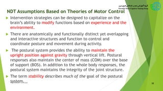 NDT Assumptions Based on Theories of Motor Control
 Intervention strategies can be designed to capitalize on the
brain’s ability to modify functions based on experience and the
environment.
 There are anatomically and functionally distinct yet overlapping
and interactive structures and function to control and
coordinate posture and movement during activity.
 The postural system provides the ability to maintain the
upright position against gravity through vertical lift. Postural
responses also maintain the center of mass (COM) over the base
of support (BOS). In addition to the whole body responses, the
postural system maintains the integrity of the joint structure.
 The term stability describes much of the goal of the postural
system. 32New Bobath Concept
 
