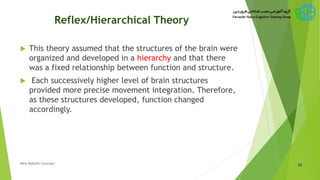 Reflex/Hierarchical Theory
 This theory assumed that the structures of the brain were
organized and developed in a hierarchy and that there
was a fixed relationship between function and structure.
 Each successively higher level of brain structures
provided more precise movement integration. Therefore,
as these structures developed, function changed
accordingly.
35New Bobath Concept
 