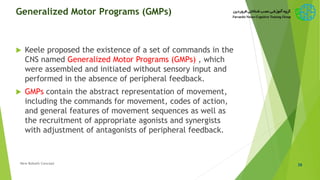 Generalized Motor Programs (GMPs)
 Keele proposed the existence of a set of commands in the
CNS named Generalized Motor Programs (GMPs) , which
were assembled and initiated without sensory input and
performed in the absence of peripheral feedback.
 GMPs contain the abstract representation of movement,
including the commands for movement, codes of action,
and general features of movement sequences as well as
the recruitment of appropriate agonists and synergists
with adjustment of antagonists of peripheral feedback.
39New Bobath Concept
 
