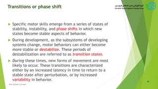 Transitions or phase shift
 Specific motor skills emerge from a series of states of
stability, instability, and phase shifts in which new
states become stable aspects of behavior.
 During development, as the subsystems of developing
systems change, motor behaviors can either become
more stable or destabilize. These periods of
destabilization are referred to as transition states.
 During these times, new forms of movement are most
likely to occur. These transitions are characterized
either by an increased latency in time to return to a
stable state after perturbation, or by increased
variability in behavior. 45
New Bobath Concept
 