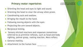 Primary motor repertoires
 Orienting the head and eyes to light and sound.
 Orienting the head to clear the airway when prone.
 Coordinating suck and swallow.
 Bringing the mouth to the hand.
 Following moving objects with the eyes.
 Projecting the arm toward objects.
 Reciprocal kicking.
 Sensory elicited reactions and responses (sometimes
referred to as primitive reflexes, such as head and body
righting, palmar grasp, rooting reaction, Moro reflex).
 General motility.
 Attachment to the human face
48
New Bobath Concept
 