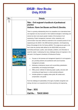 ENLIB - New Books
               2012)
         (July 2012)

No.                         Details
 1    Title : Civil engineer's handbook of professional
      practice
      Authorors
      Authors : Karen Lee Hansen and Kent E. Zenobia.

      There is a growing understanding that to be competitive at an international level,
      civil engineers not only must build on their traditional strengths in technology and
      science but also must acquire greater mastery of the business of civil
      engineering. Project management, teamwork, ethics, leadership, and
      communication have been defined as essential to the successful practice of civil
      engineering by the ASCE in the 2008 landmark publication, Civil Engineering
      Body of Knowledge for the 21st Century (BOK2). This single-source guide is the
      first to take the practical skills defined by the ASCE BOK2 and provide
      illuminating techniques, quotes, case examples, problems, and information to
      assist the reader in addressing the many challenges facing civil engineers in the
      real world. Civil Engineer's Handbook of Professional Practice:

          •    Focuses on the business and management aspects of a civil engineer's
               job, providing students and practitioners with sound business
               management principles
          •    Addresses contemporary issues such as permitting, globalization,
               sustainability, and emerging technologies
          •    Offers proven methods for balancing speed, quality, and price with
               contracting and legal issues in a client-oriented profession
          •    Includes guidance on juggling career goals, life outside work,
               compensation, and growth

      From the challenge of sustainability to the rigors of problem recognition and
      solving, this book is an essential tool for those practicing civil engineering.


      Year : 2011
      Call No. :         TA151 H249
 