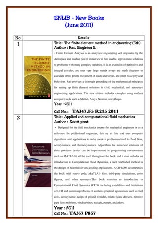 ENLIB - New Books
         (June 2011)

No.                    Details
 1    Title : The finite element method in engineering (5th)
      Author : Rao, Singiresu S.
      - Finite Element Analysis is an analytical engineering tool originated by the
      Aerospace and nuclear power industries to find usable, approximate solutions
      to problems with many complex variables. It is an extension of derivative and
      integral calculus, and uses very large matrix arrays and mesh diagrams to
      calculate stress points, movement of loads and forces, and other basic physical
      behaviors. Rao provides a thorough grounding of the mathematical principles
      for setting up finite element solutions in civil, mechanical, and aerospace
      engineering applications. The new edition includes examples using modern
      computer tools such as Matlab, Ansys, Nastran, and Abaqus.
      Year : 2011

      Call No. : TA347.F5 R215 2011
2     Title : Applied and computational fluid mechanics
      Author : Scott post
       - Designed for the fluid mechanics course for mechanical engineers or as a
      reference for professional engineers, this up to date text uses computer
      algorithms and applications to solve modern problems related to fluid flow,
      aerodynamics, and thermodynamics. Algorithms for numerical solutions of
      fluid problems (which can be implemented in programming environments
      such as MATLAB) will be used throughout the book, and it also includes an
      introduction to Computational Fluid Dynamics, a well-established method in
      the design of heat transfer and cooling applications. A CD-ROM accompanies
      the book with source code, MATLAB files, third-party simulations, color
      figures, and other resources.This book contains an introduction to
      Computational Fluid Dynamics (CFD), including capabilities and limitations
      of CFD and common problems. It contains practical applications such as fuel
      cells, aerodynamic design of ground vehicles, micro-fluidic devices, iterative
      pipe flow problems, wind turbines, rockets, pumps, and others.
      Year : 20112011
      Call No. : TA357 P857
             No.
 