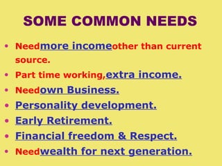 Need more income other than current source. Part time working, extra income. Need own Business. Personality development. Early Retirement. Financial freedom & Respect. Need wealth for next generation. SOME COMMON NEEDS 
