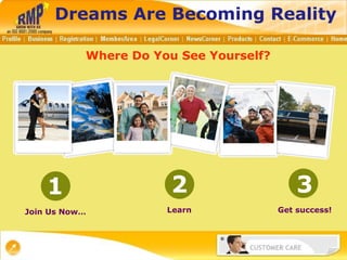Dreams Are Becoming Reality Where Do You See Yourself? 1 Join Us Now… 2 Learn 3 Get success!  