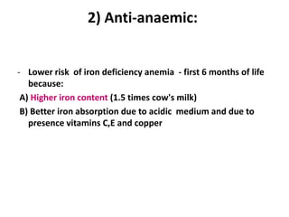 2) Anti-anaemic:


- Lower risk of iron deficiency anemia - first 6 months of life
   because:
 A) Higher iron content (1.5 times cow's milk)
 B) Better iron absorption due to acidic medium and due to
   presence vitamins C,E and copper
 