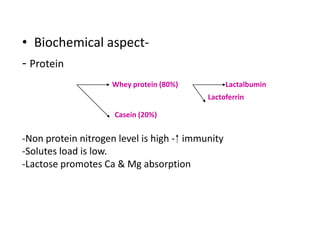• Biochemical aspect-
- Protein
                     Whey protein (80%)            Lactalbumin
                                            Lactoferrin

                      Casein (20%)


-Non protein nitrogen level is high - ⁭ immunity
-Solutes load is low.
-Lactose promotes Ca & Mg absorption
 