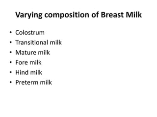 Varying composition of Breast Milk
•   Colostrum
•   Transitional milk
•   Mature milk
•   Fore milk
•   Hind milk
•   Preterm milk
 