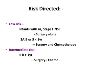 Risk Directed: -

• Low risk—
         Infants with 4s, Stage I INSS
                     - Surgery alone
          2A,B or 3 < 1yr
                    —Surgery and Chemotherapy
• Intermediate risk: -
         II B > 1yr
                  —Surgery+ Chemo
 