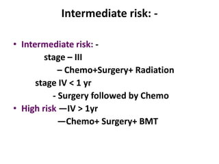 Intermediate risk: -

• Intermediate risk: -
        stage – III
            – Chemo+Surgery+ Radiation
      stage IV < 1 yr
          - Surgery followed by Chemo
• High risk —IV > 1yr
            —Chemo+ Surgery+ BMT
 