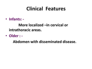 Clinical Features
• Infants: -
        More localized –in cervical or
  intrathoracic areas.
• Older : -
     Abdomen with disseminated disease.
 