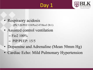 Day 1
• Respiraory acidosis
(Ph 7.26/PO2 118/Pco2 47/Hco3 20.1)
• Assisted control ventilation
– Fio2 100%
– PIP/PEEP: 15/5
• Dopamine and Adrenaline (Mean 50mm Hg)
• Cardiac Echo: Mild Pulmonary Hypertension
 
