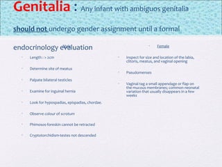 Genitalia : Any infant with ambiguos genitalia
should not undergo gender assignment until a formal
endocrinology evaluation• Male
• Length : > 2cm
• Determine site of meatus
• Palpate bilateral testicles
• Examine for inguinal hernia
• Look for hypospadias, epispadias, chordae.
• Observe colour of scrotum
• Phimosos-foreskin cannot be retracted
• Cryptotorchidism-testes not descended
• Female
• Inspect for size and location of the labia,
clitoris, meatus, and vaginal opening
• Pseudomenses
• Vaginal tag a small appendage or flap on
the mucous membranes; common neonatal
variation that usually disappears in a few
weeks
 