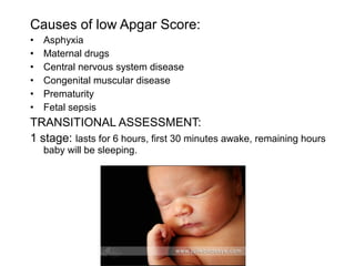 Causes of low Apgar Score:
• Asphyxia
• Maternal drugs
• Central nervous system disease
• Congenital muscular disease
• Prematurity
• Fetal sepsis
TRANSITIONAL ASSESSMENT:
1 stage: lasts for 6 hours, first 30 minutes awake, remaining hours
baby will be sleeping.
 
