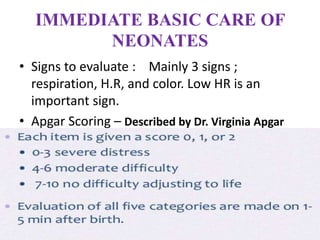 IMMEDIATE BASIC CARE OF
NEONATES
• Signs to evaluate : Mainly 3 signs ;
respiration, H.R, and color. Low HR is an
important sign.
• Apgar Scoring – Described by Dr. Virginia Apgar
 