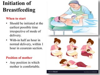Initiation of
Breastfeeding
When to start
• Should be initiated at the
earliest possible time
irrespective of mode of
delivery.
• With-in half an hour in
normal delivery, within 1
hour in cesarean section.
Position of mother
• Any position in which
mother is comfortable.
 