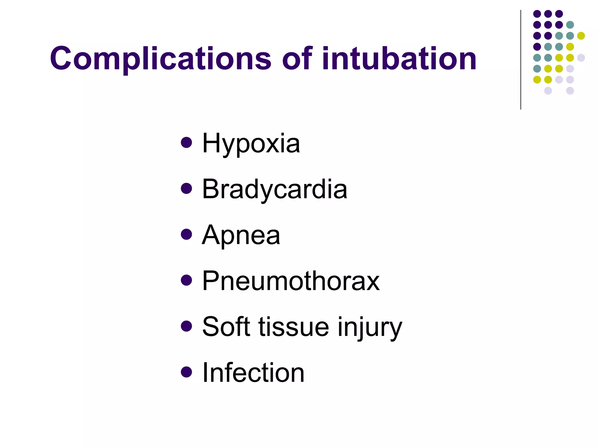 Complications of intubation Hypoxia Bradycardia Apnea Pneumothorax Soft tissue injury Infection 