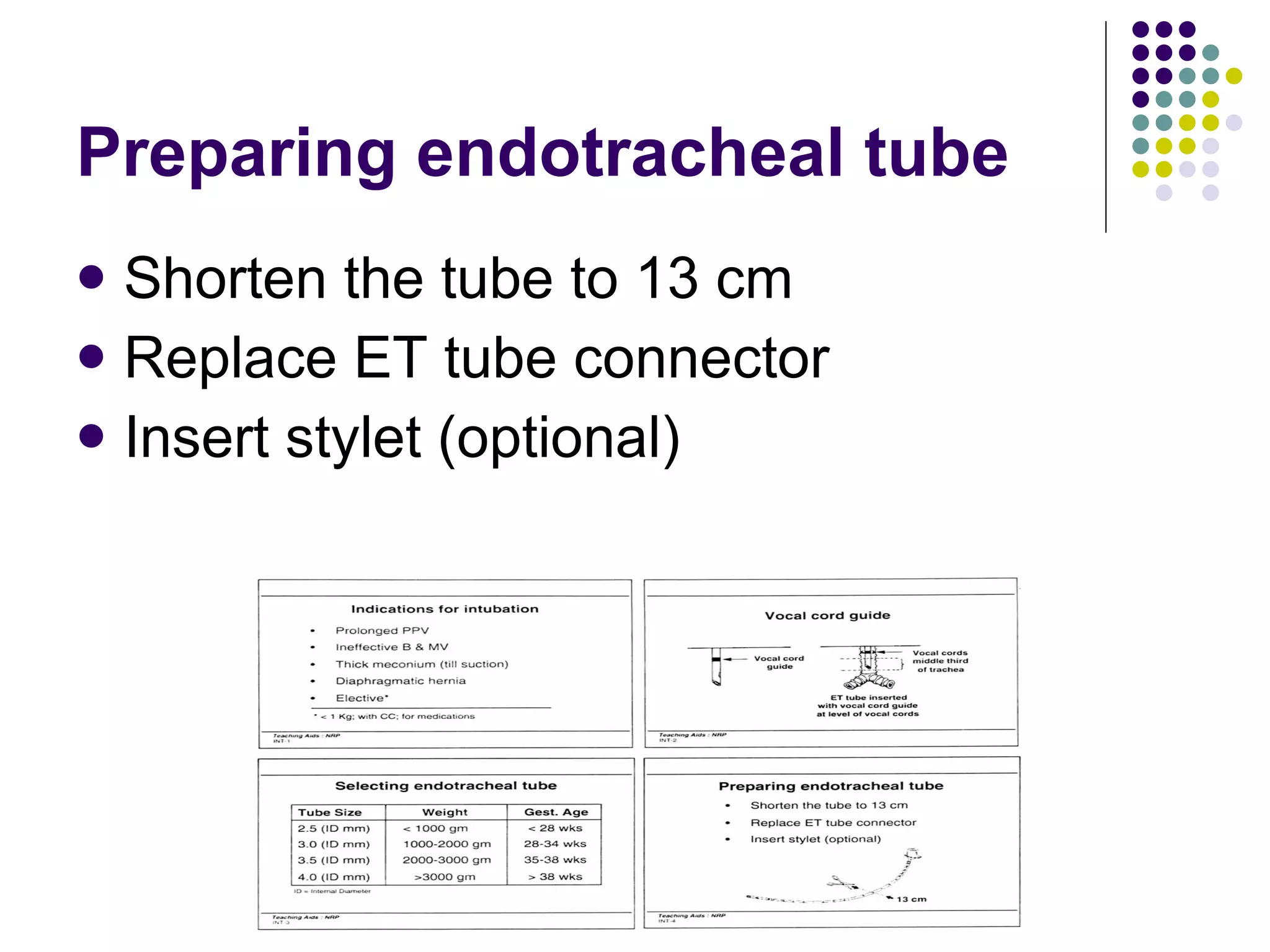 Preparing endotracheal tube Shorten the tube to 13 cm Replace ET tube connector Insert stylet (optional) 