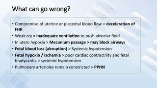 What can go wrong?
• Compromise of uterine or placental blood flow > deceleration of
FHR
• Weak cry > inadequate ventilation to push alveolar fluid
• In utero hypoxia > Meconium passage > may block airways
• Fetal blood loss (abruption) > Systemic hypotension
• Fetal hypoxia / ischemia > poor cardiac contractility and fetal
bradycardia > systemic hypotension
• Pulmonary arterioles remain constricted > PPHN
 