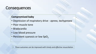 Consequences
Compromised baby
• Depression of respiratory drive - apnea, tachypnoea
• Poor muscle tone
• Bradycardia
• Low blood pressure
• Persistent cyanosis or low SpO2
• These outcomes can be improved with timely and effective resuscitation
 